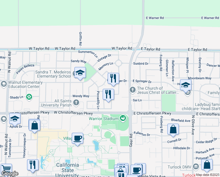 map of restaurants, bars, coffee shops, grocery stores, and more near 353 Sunshine Way in Turlock