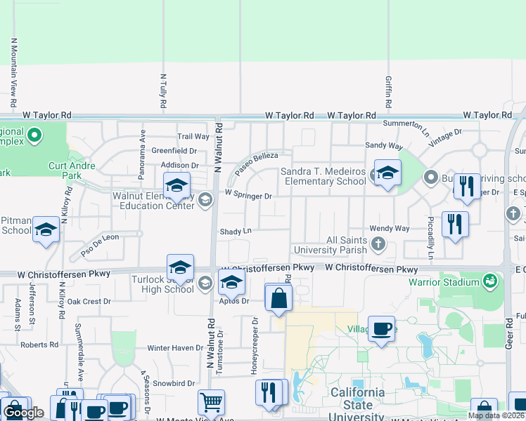 map of restaurants, bars, coffee shops, grocery stores, and more near 1296 Casual Lane in Turlock