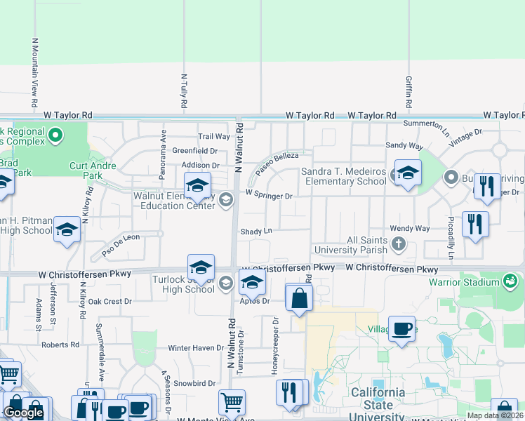 map of restaurants, bars, coffee shops, grocery stores, and more near 4121 Tahama Lane in Turlock