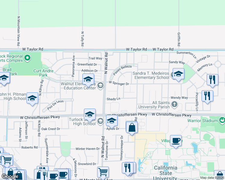 map of restaurants, bars, coffee shops, grocery stores, and more near 4121 Tahama Lane in Turlock