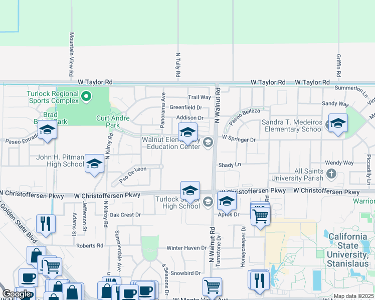map of restaurants, bars, coffee shops, grocery stores, and more near 4219 North Walnut Road in Turlock