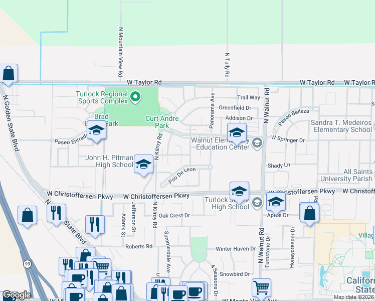 map of restaurants, bars, coffee shops, grocery stores, and more near 4208 Seranade Drive in Turlock