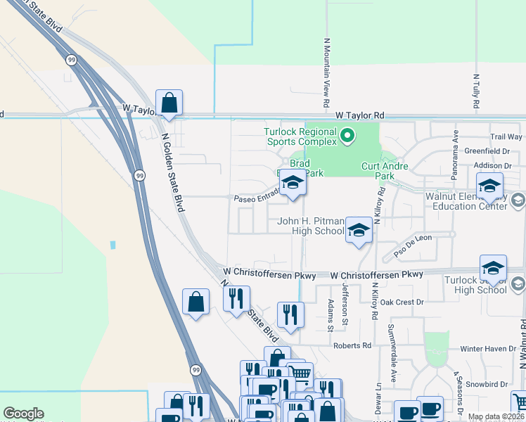 map of restaurants, bars, coffee shops, grocery stores, and more near 4012 Limestone Road in Turlock