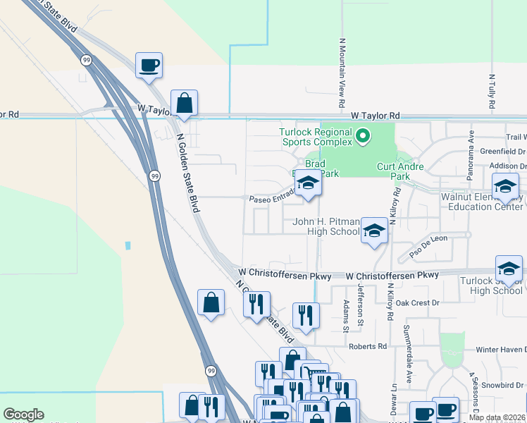map of restaurants, bars, coffee shops, grocery stores, and more near 4012 Limestone Road in Turlock