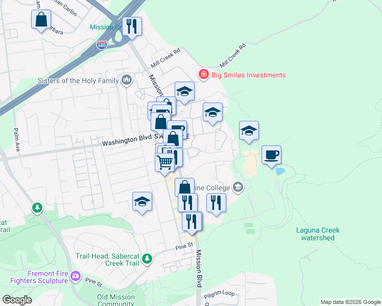 map of restaurants, bars, coffee shops, grocery stores, and more near 102 Mission Siena Terrace in Fremont