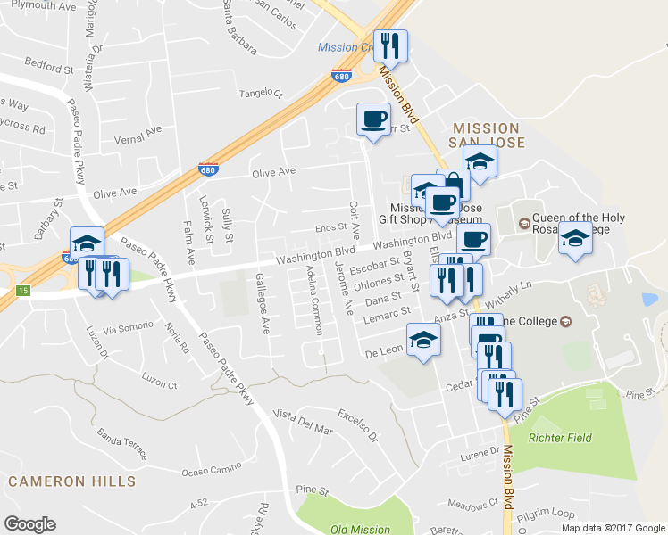 map of restaurants, bars, coffee shops, grocery stores, and more near 43353 Jerome Avenue in Fremont