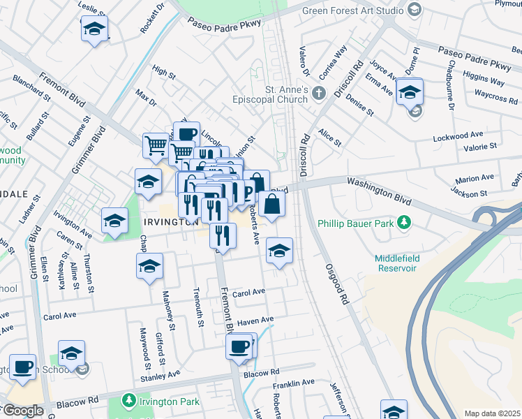 map of restaurants, bars, coffee shops, grocery stores, and more near 3761 Tivoli Garden Terrace in Fremont