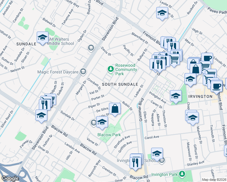 map of restaurants, bars, coffee shops, grocery stores, and more near 40327 Robin Street in Fremont