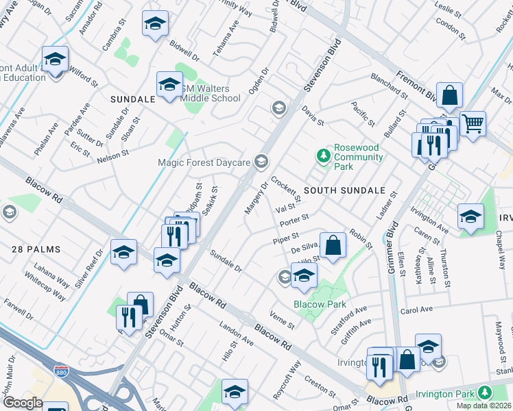 map of restaurants, bars, coffee shops, grocery stores, and more near 40135 Dortha Court in Fremont