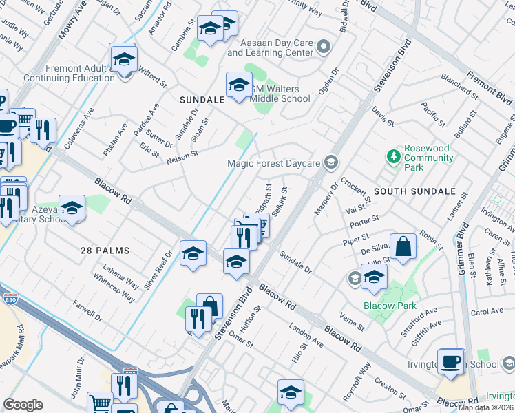 map of restaurants, bars, coffee shops, grocery stores, and more near 39897 Burr Avenue in Fremont