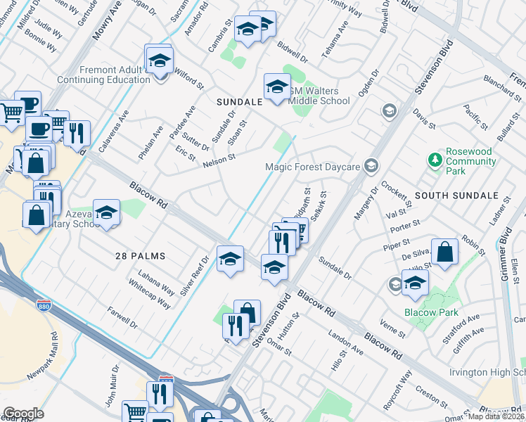 map of restaurants, bars, coffee shops, grocery stores, and more near 39814 Sundale Drive in Fremont