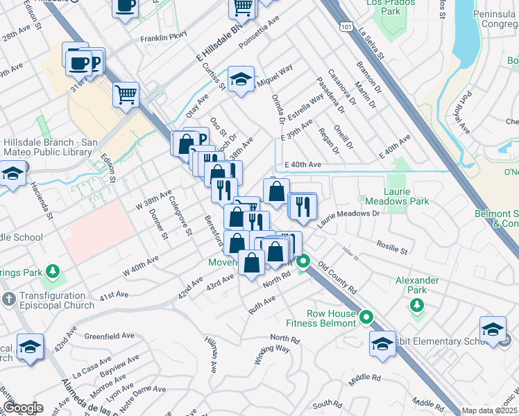 map of restaurants, bars, coffee shops, grocery stores, and more near 4071 South El Camino Real in San Mateo