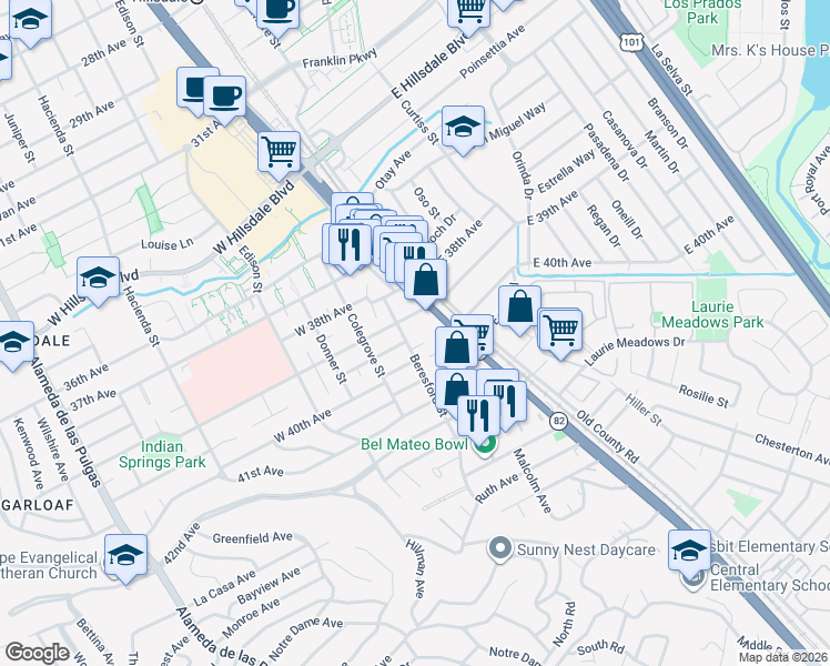 map of restaurants, bars, coffee shops, grocery stores, and more near 3928 Beresford Street in San Mateo