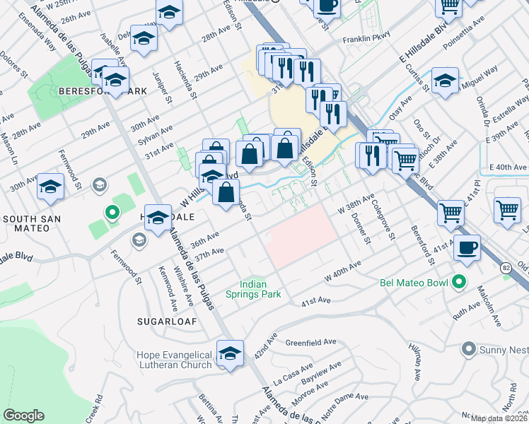 map of restaurants, bars, coffee shops, grocery stores, and more near 274 37th Avenue in San Mateo