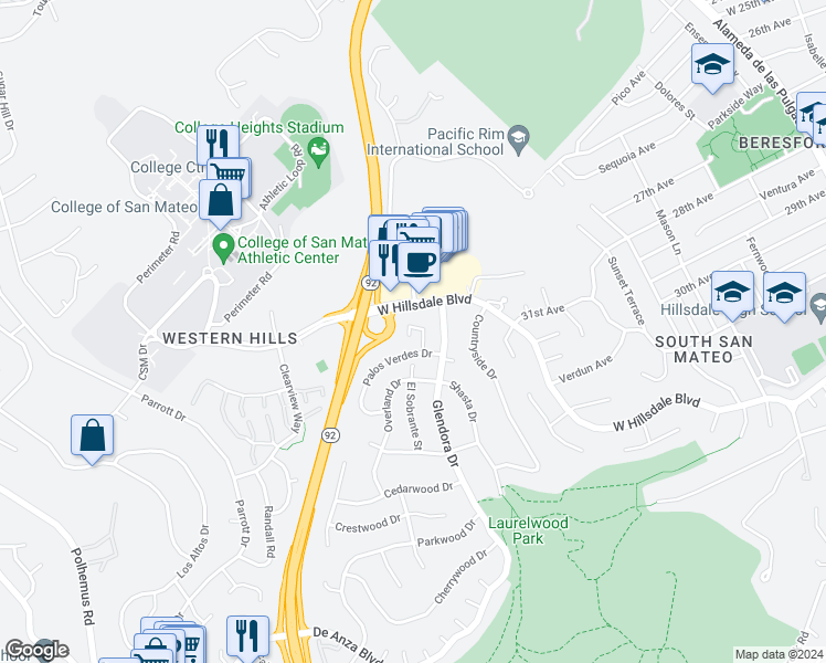 map of restaurants, bars, coffee shops, grocery stores, and more near 1326 Palos Verdes Drive in San Mateo