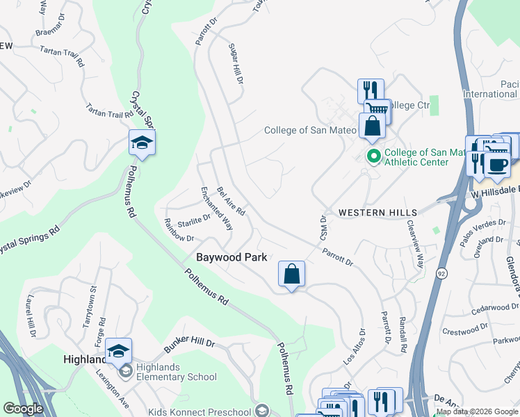 map of restaurants, bars, coffee shops, grocery stores, and more near 1475 Parrott Drive in San Mateo