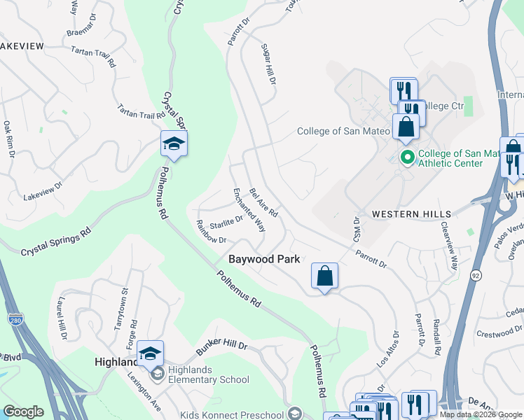 map of restaurants, bars, coffee shops, grocery stores, and more near 1420 Enchanted Way in San Mateo
