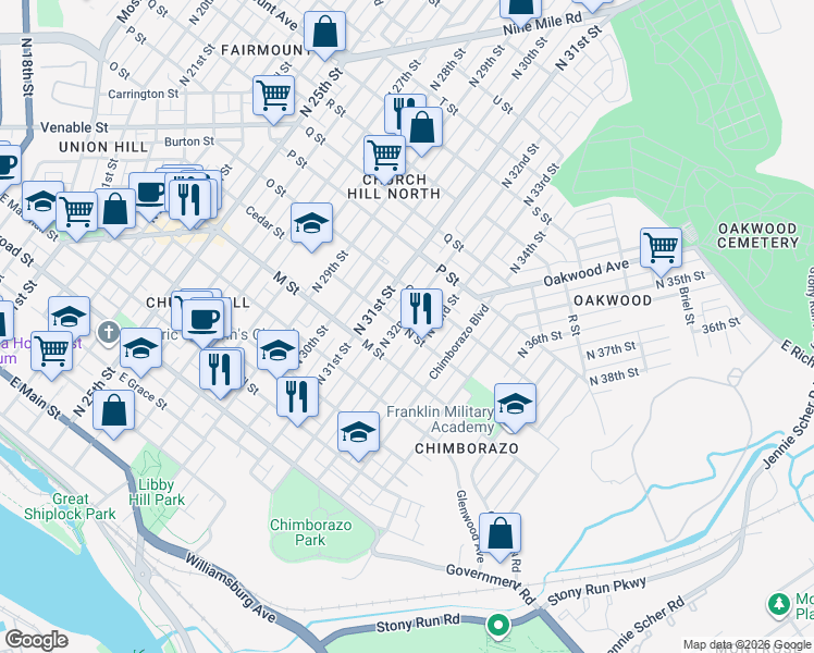 map of restaurants, bars, coffee shops, grocery stores, and more near 726 North 33rd Street in Richmond