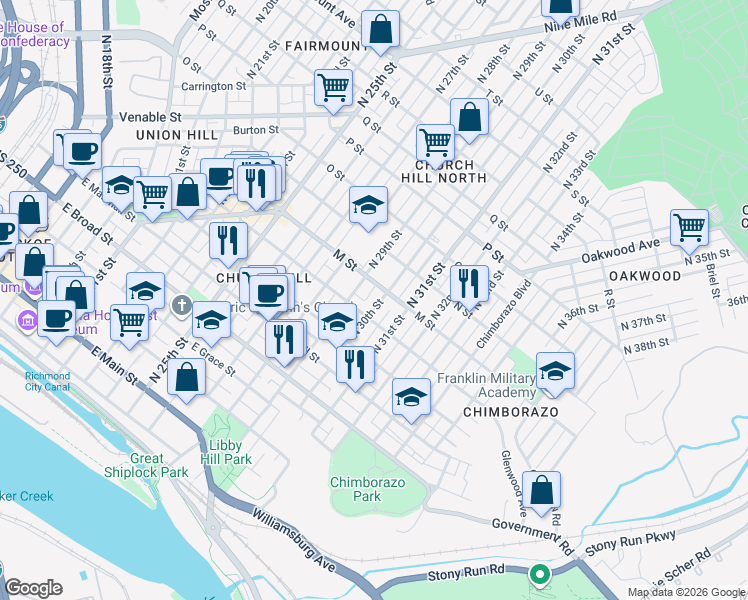 map of restaurants, bars, coffee shops, grocery stores, and more near in Richmond