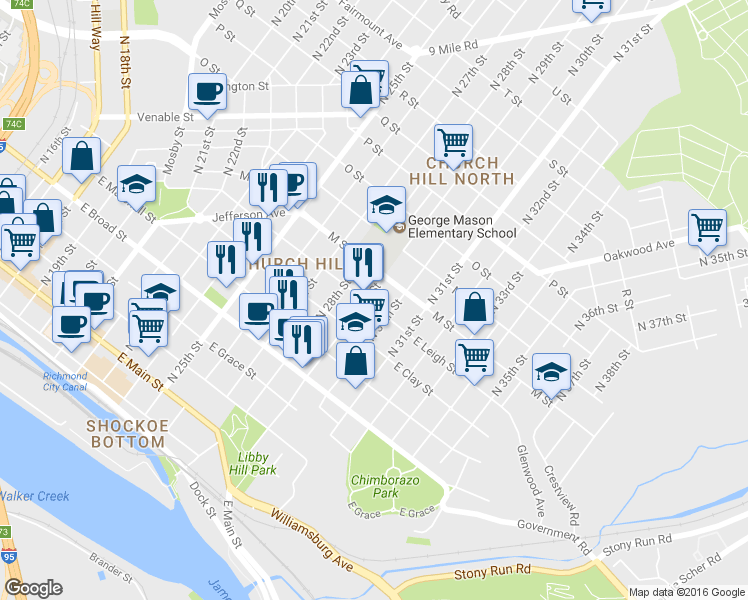 map of restaurants, bars, coffee shops, grocery stores, and more near in Richmond