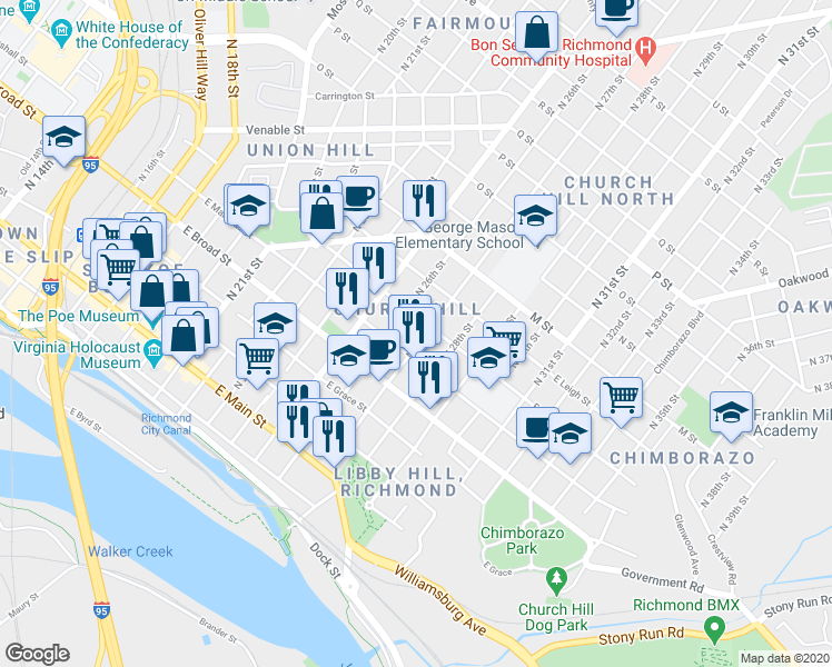 map of restaurants, bars, coffee shops, grocery stores, and more near 324 North 27th Street in Richmond