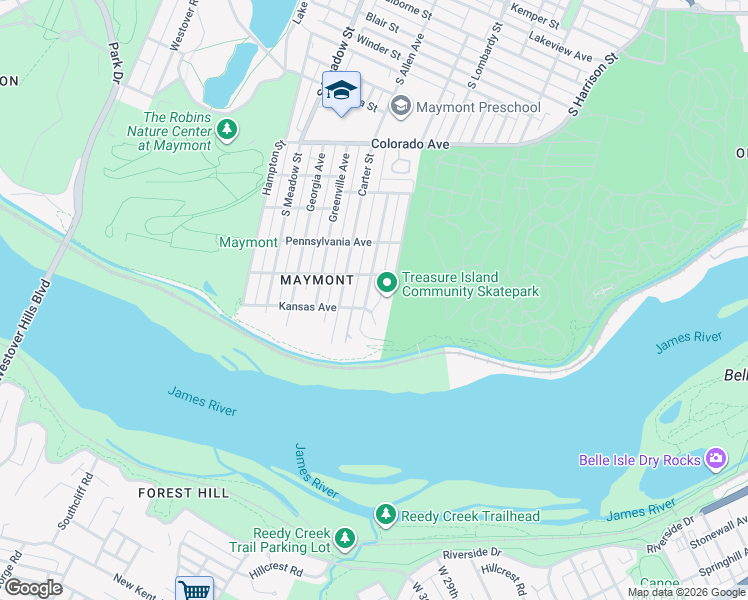 map of restaurants, bars, coffee shops, grocery stores, and more near 1506 Kansas Avenue in Richmond