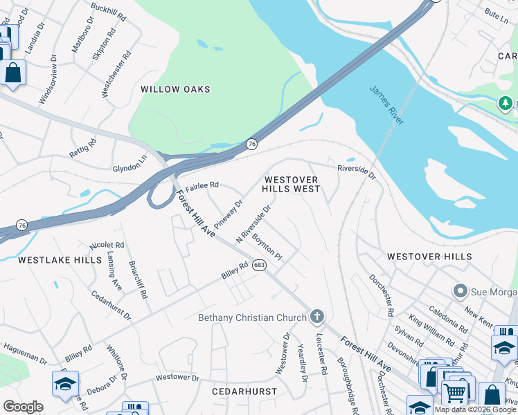 map of restaurants, bars, coffee shops, grocery stores, and more near 5724 Woodburn Road in Richmond