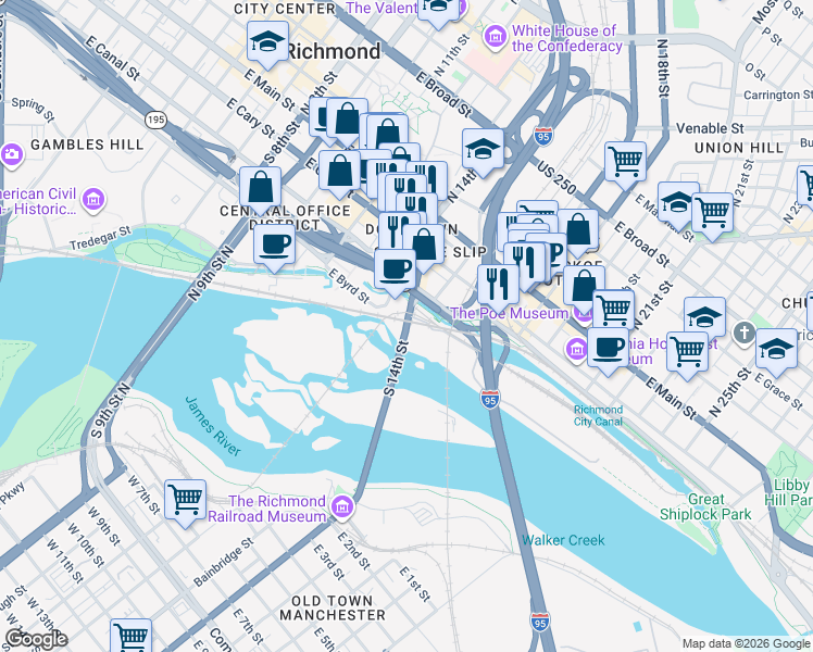 map of restaurants, bars, coffee shops, grocery stores, and more near 299 U.S. 360 in Richmond