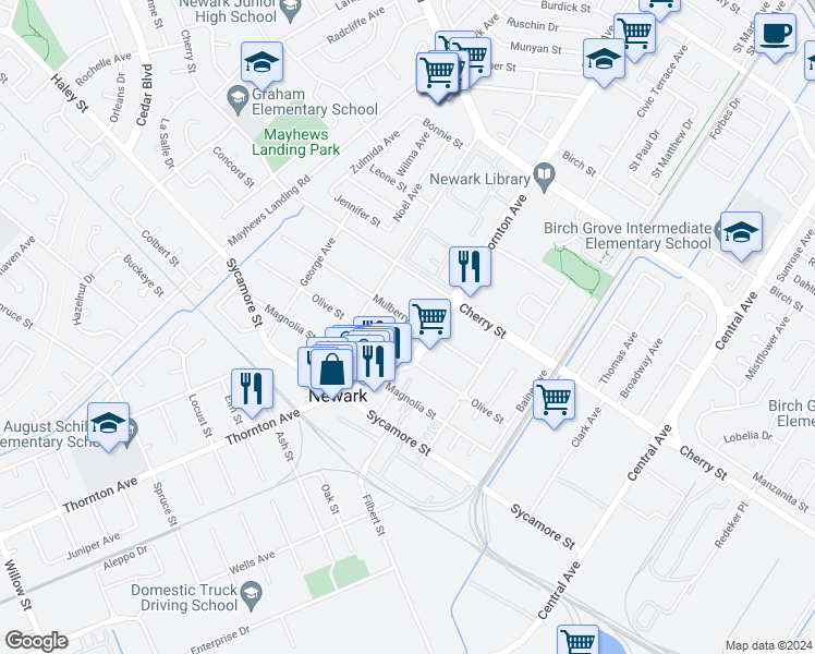 map of restaurants, bars, coffee shops, grocery stores, and more near 36935 Mulberry Street in Newark
