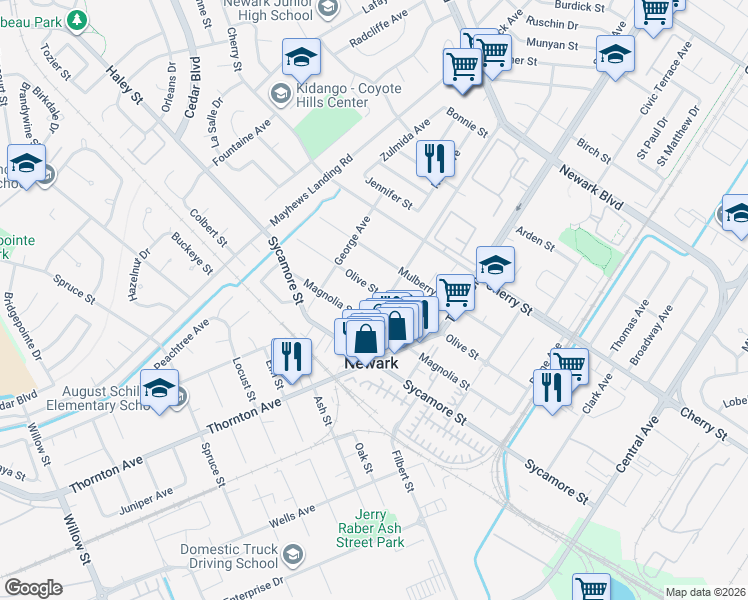 map of restaurants, bars, coffee shops, grocery stores, and more near 6831 Dairy Avenue in Newark