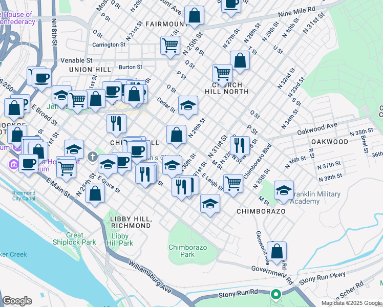 map of restaurants, bars, coffee shops, grocery stores, and more near in Richmond