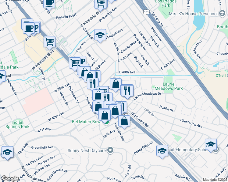 map of restaurants, bars, coffee shops, grocery stores, and more near 4001 Pacific Boulevard in San Mateo