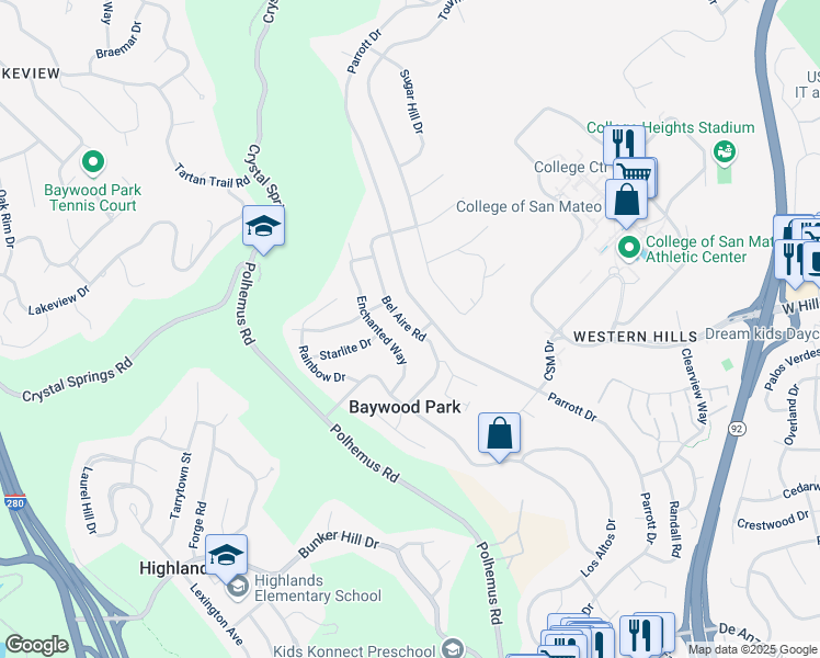 map of restaurants, bars, coffee shops, grocery stores, and more near Bel Aire Road in San Mateo
