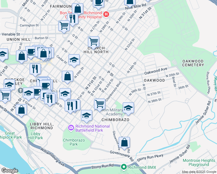 map of restaurants, bars, coffee shops, grocery stores, and more near 821 North 33rd Street in Richmond