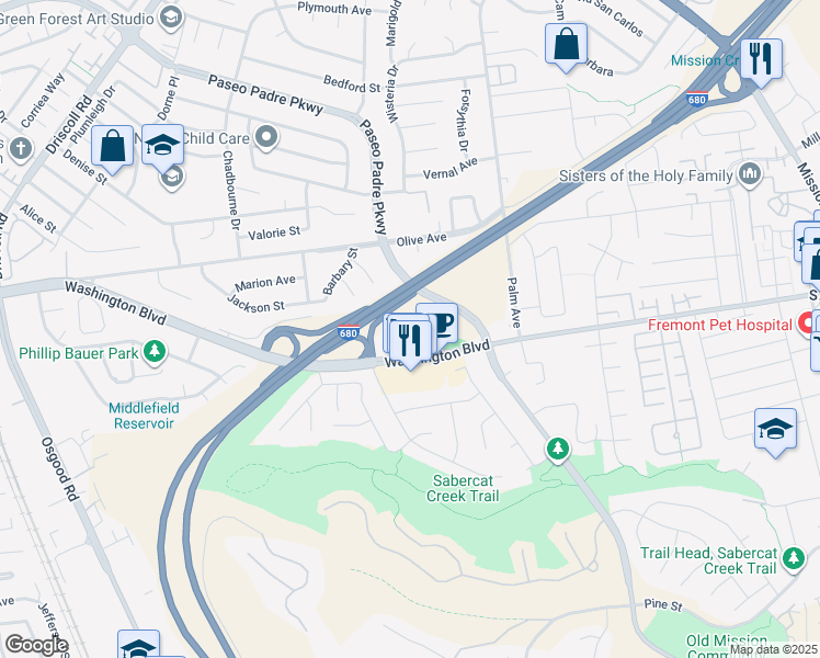 map of restaurants, bars, coffee shops, grocery stores, and more near 42718 Weigand Court in Fremont