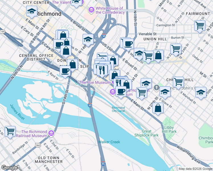 map of restaurants, bars, coffee shops, grocery stores, and more near 12 South 19th Street in Richmond