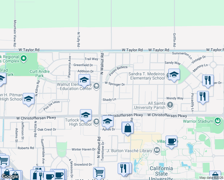 map of restaurants, bars, coffee shops, grocery stores, and more near 4121 Tahama Lane in Turlock