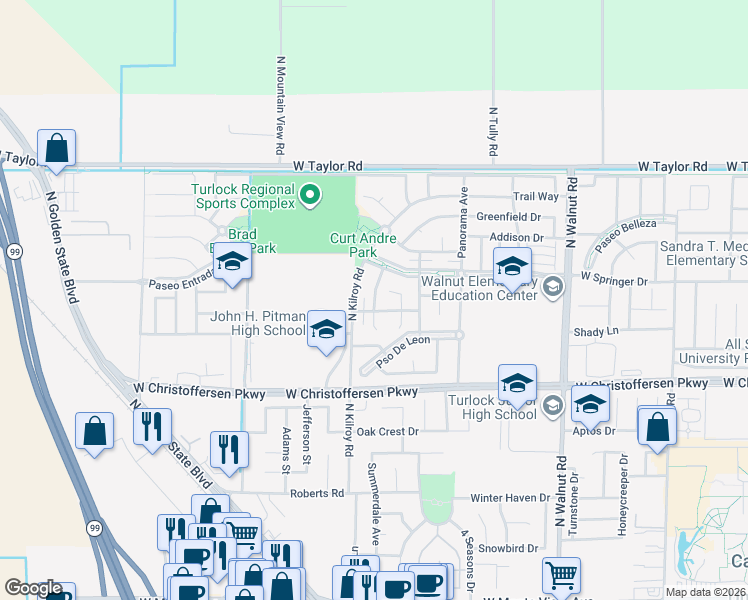 map of restaurants, bars, coffee shops, grocery stores, and more near 4214 Montara Drive in Turlock