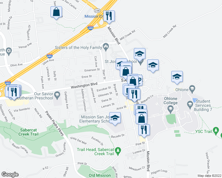 map of restaurants, bars, coffee shops, grocery stores, and more near 318 Escobar Street in Fremont
