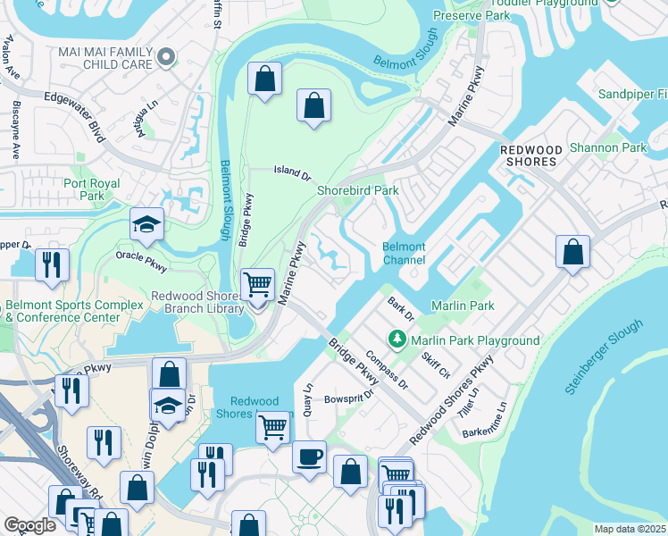map of restaurants, bars, coffee shops, grocery stores, and more near 101 Shorebird Circle in Redwood City