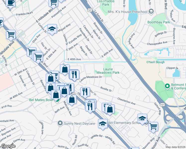 map of restaurants, bars, coffee shops, grocery stores, and more near 203 Laurie Meadows Drive in San Mateo