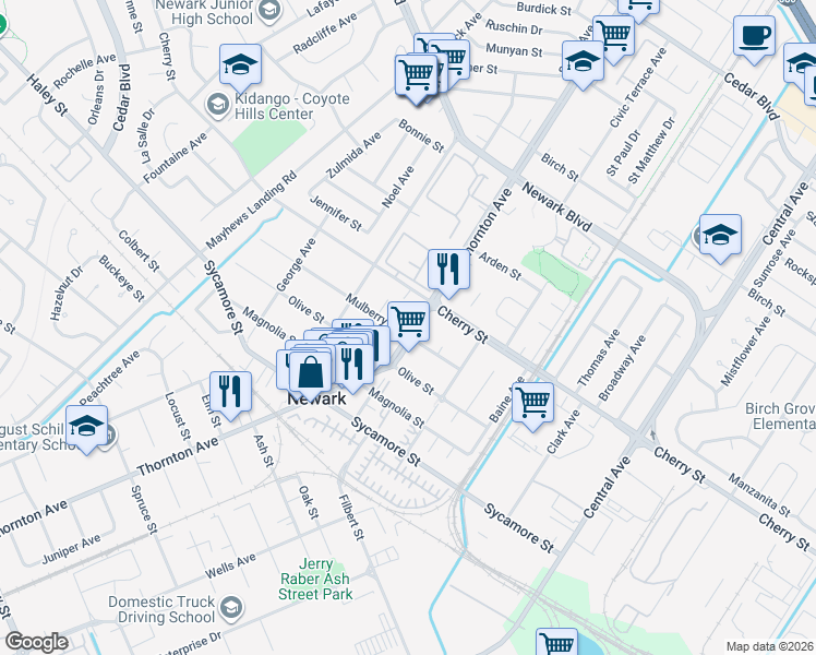 map of restaurants, bars, coffee shops, grocery stores, and more near 6657 Thornton Avenue in Newark