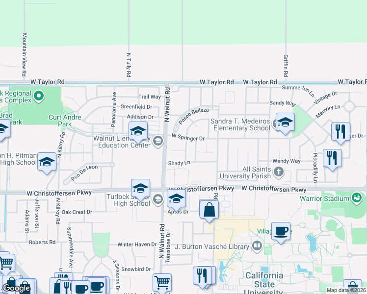 map of restaurants, bars, coffee shops, grocery stores, and more near 4121 Tahama Lane in Turlock