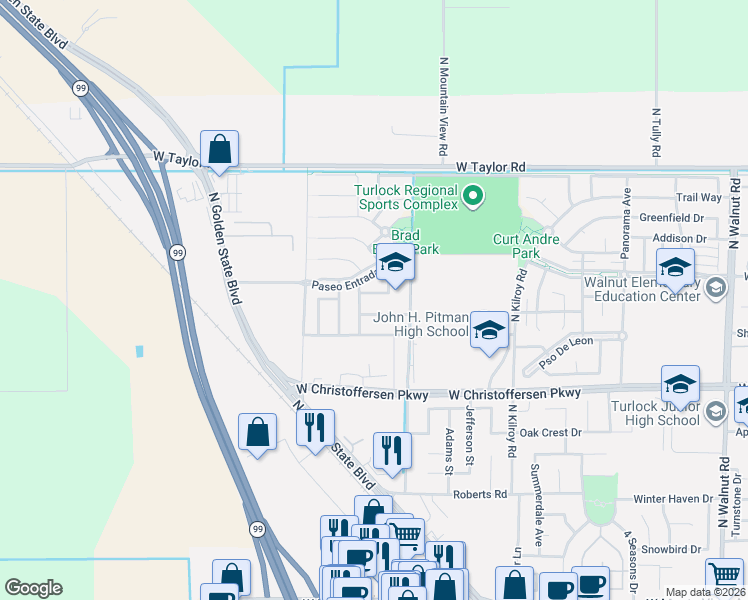 map of restaurants, bars, coffee shops, grocery stores, and more near 2952 Orchid Lane in Turlock