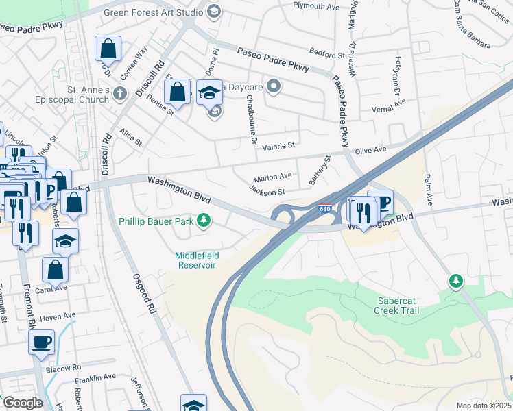 map of restaurants, bars, coffee shops, grocery stores, and more near 2441 Middlefield Avenue in Fremont