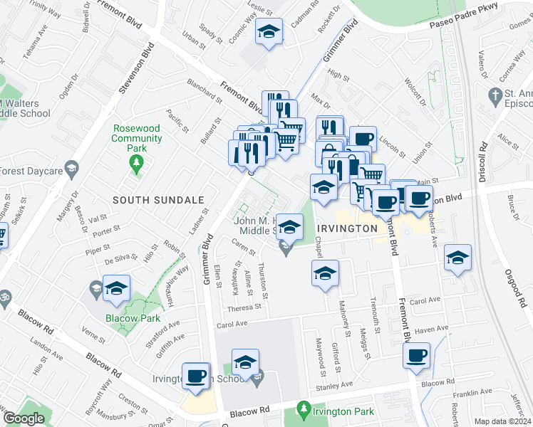 map of restaurants, bars, coffee shops, grocery stores, and more near 4421 Hyde Common in Fremont