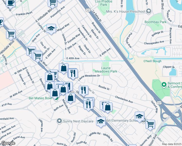 map of restaurants, bars, coffee shops, grocery stores, and more near 103 Rosilie Street in San Mateo