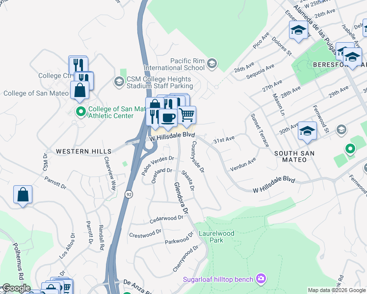 map of restaurants, bars, coffee shops, grocery stores, and more near 1300 Palos Verdes Drive in San Mateo