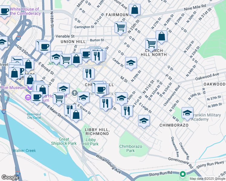 map of restaurants, bars, coffee shops, grocery stores, and more near 412 North 28th Street in Richmond