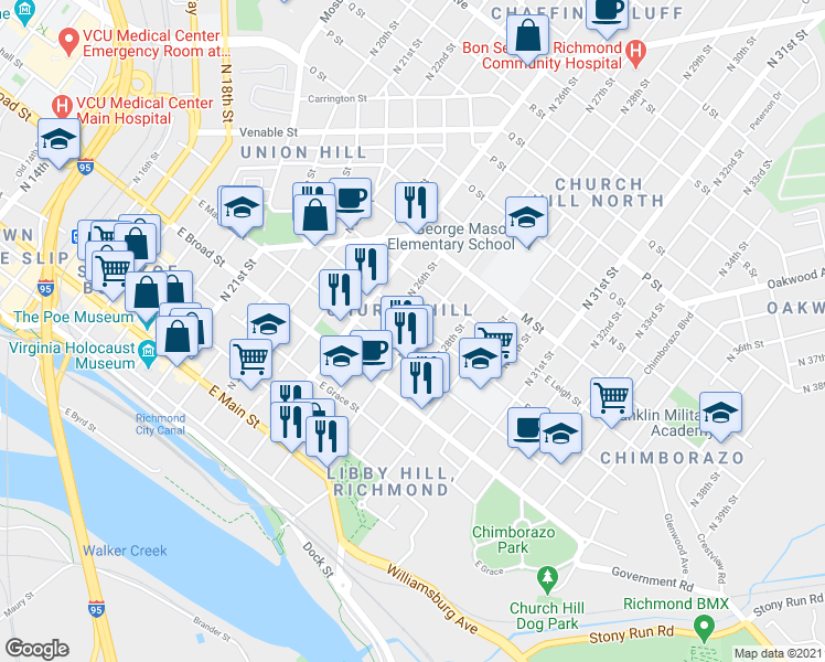 map of restaurants, bars, coffee shops, grocery stores, and more near 412 North 28th Street in Richmond